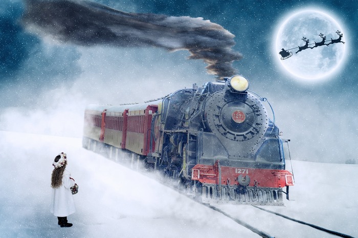 Santa's Sleigh and Polar Express Train in Snow