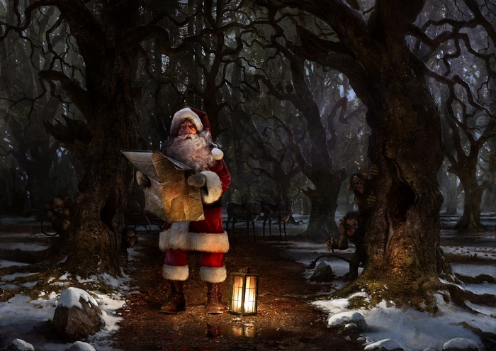 Santa Claus in a dark, snowy forest with creatures