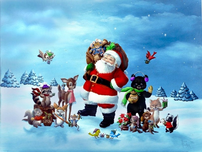 Santa Claus with forest animals in the snow