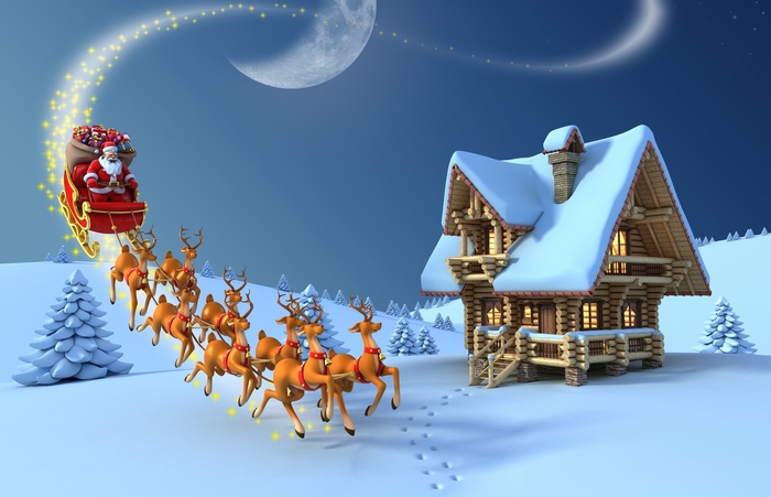 Santa Claus flying in a sleigh with reindeer over a snowy landscape