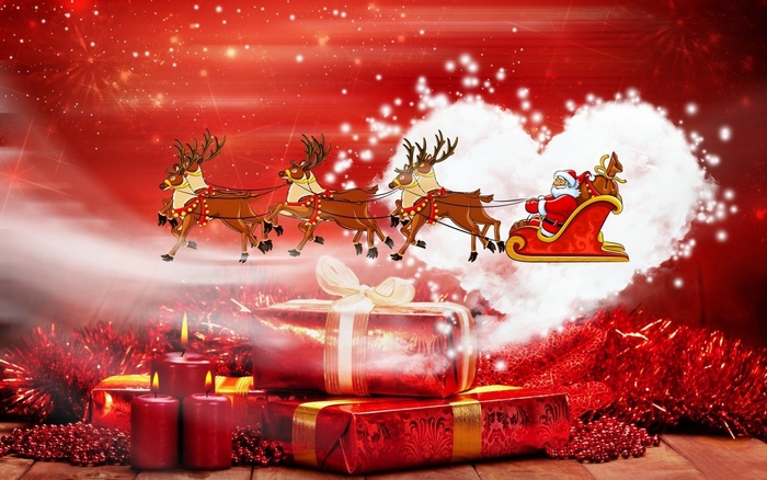 Santa Claus and reindeer sleigh with Christmas gifts