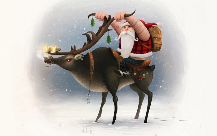 Santa riding a reindeer in the snow