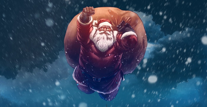 Santa Claus flying with a sack of gifts