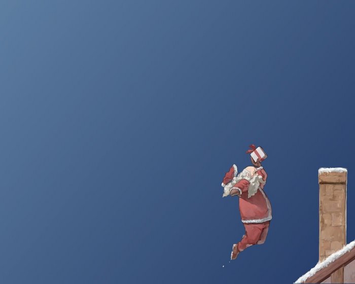 Santa Claus jumping with a gift