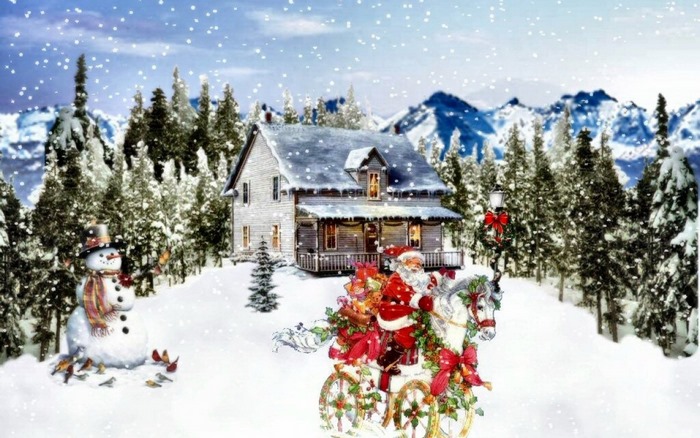 Santa Claus on a horse-drawn sleigh in a snowy landscape