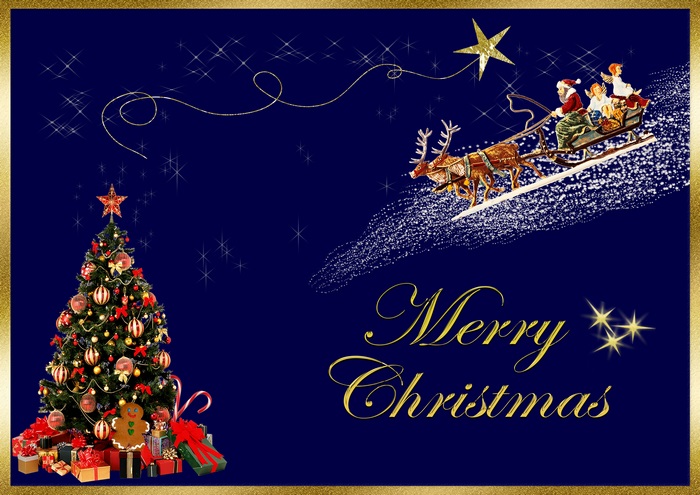 Santa Claus in Sleigh with Reindeer and Christmas Tree