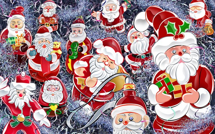 Many Santa Claus ornaments on tinsel