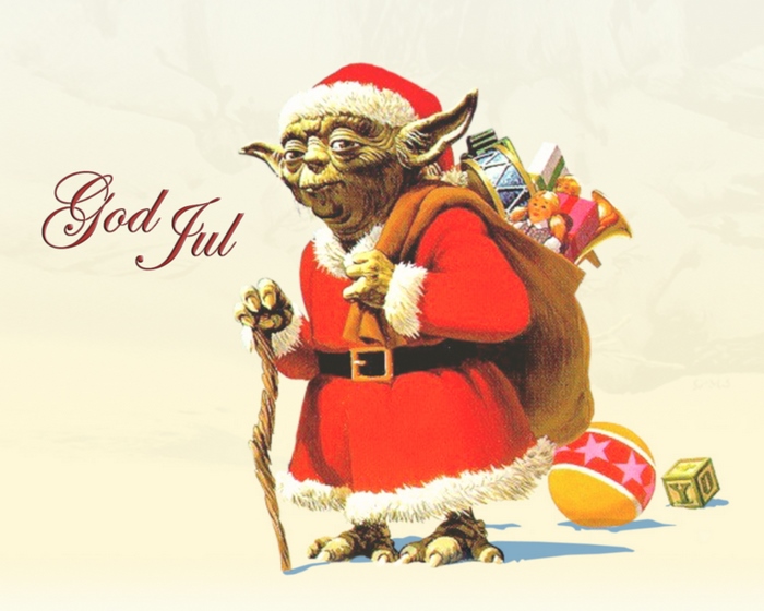 Yoda dressed as Santa Claus with gifts