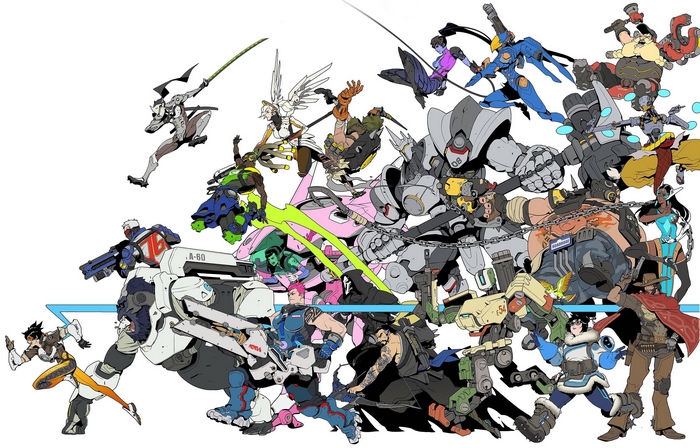 Overwatch characters in a dynamic group illustration