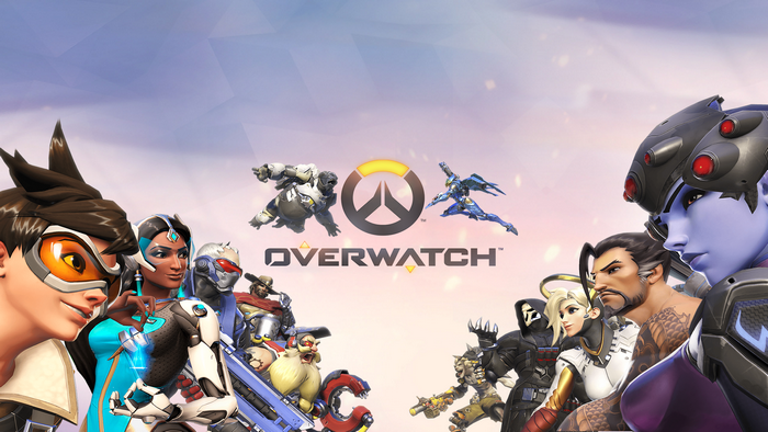 Overwatch characters facing each other with logo