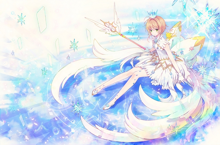 Sakura Kinomoto in a white dress with a staff