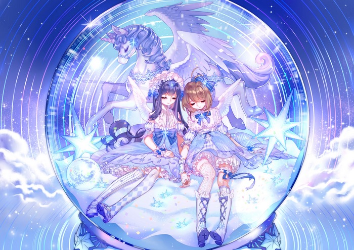 Two girls and a Pegasus in a snow globe