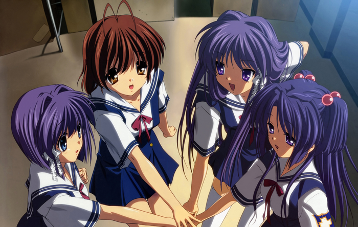 Four anime girls in school uniforms