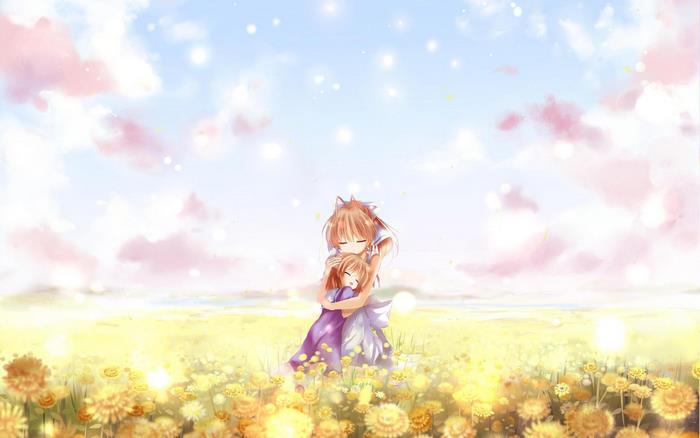 Nagisa Furukawa hugging another girl in a field of flowers