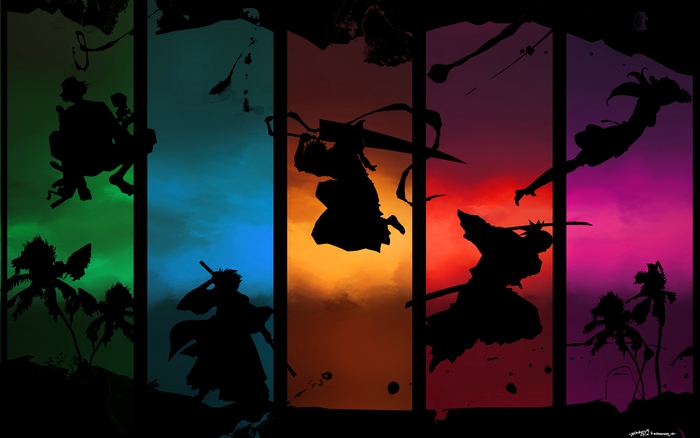 Bleach characters in silhouette against colorful backgrounds