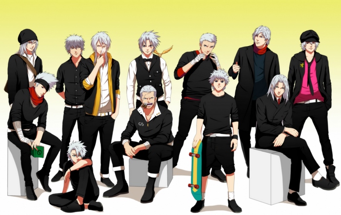 Group of male characters with white hair
