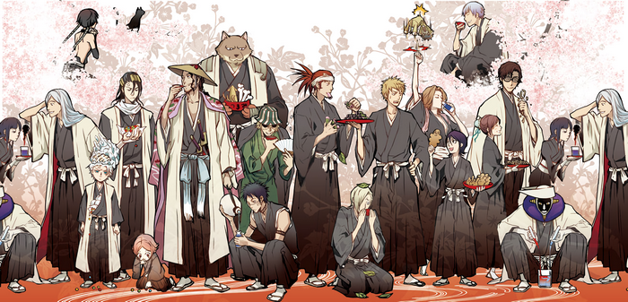 Bleach characters celebrating with food and drinks