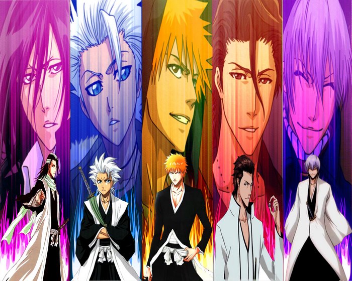 Bleach characters: Rukia, Tōshirō Hitsugaya, Ichigo, Aizen, Gin