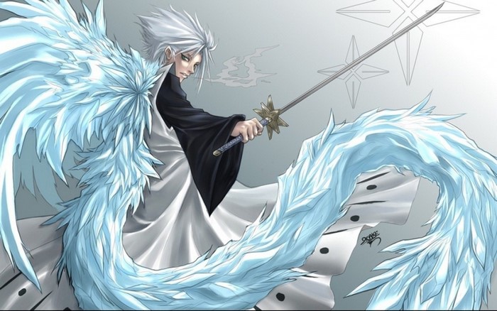 Tōshirō Hitsugaya from Bleach with ice wings and sword