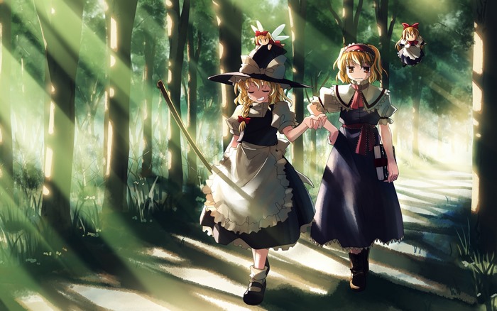 Marisa Kirisame and Alice Margatroid walking in a forest
