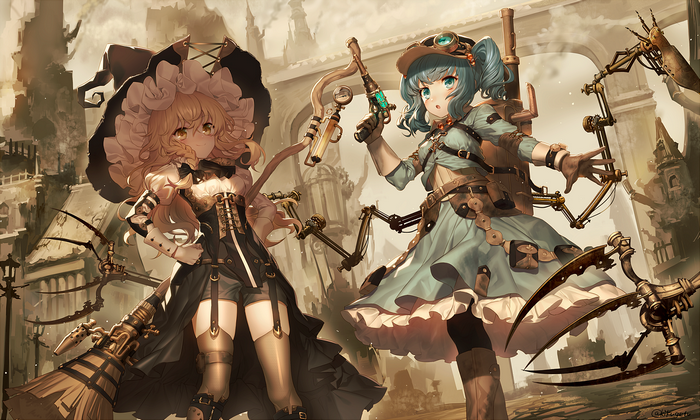 Marisa Kirisame and companion in steampunk city
