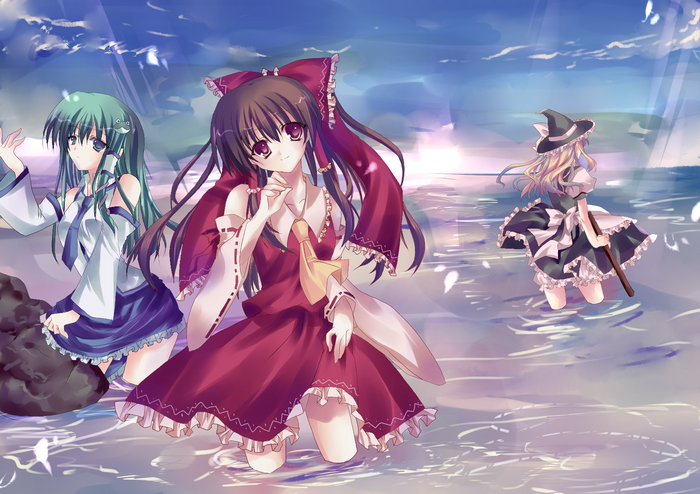 Marisa Kirisame and two girls on a beach