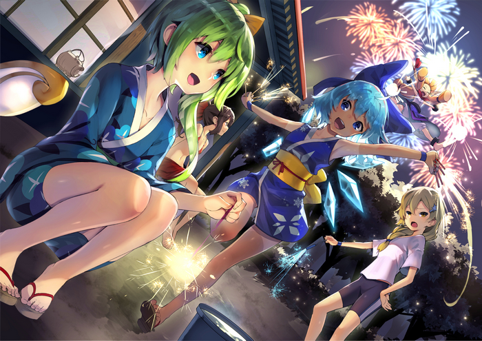 Girls in yukatas watching fireworks