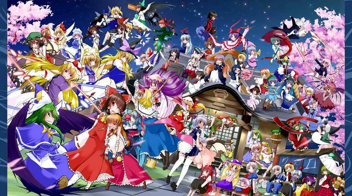 Touhou Project characters on a rooftop at night