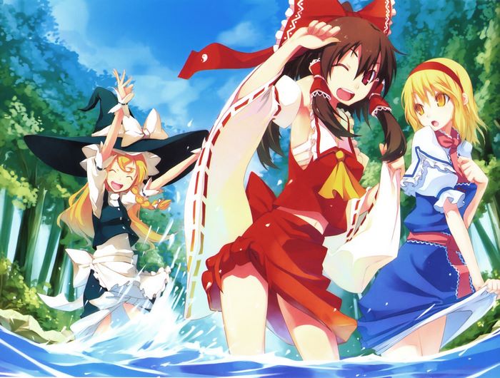 Touhou Project: Marisa Kirisame, Reimu Hakurei, and Alice Margatroid in water