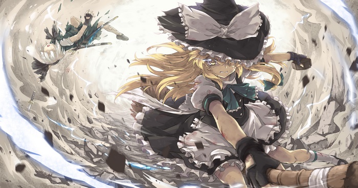 Marisa Kirisame fighting in a whirlwind