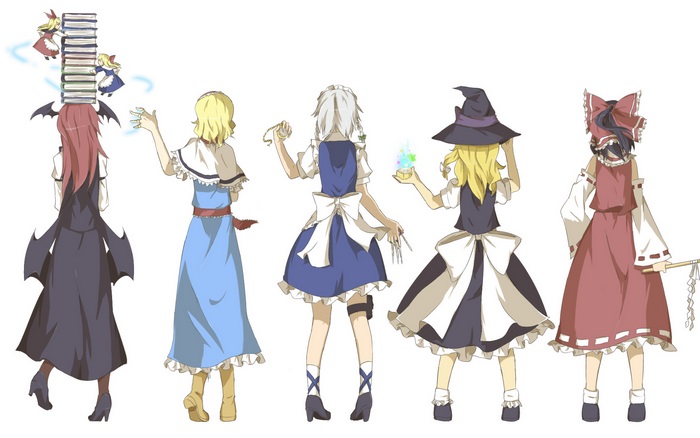 Five anime girls with books and magic