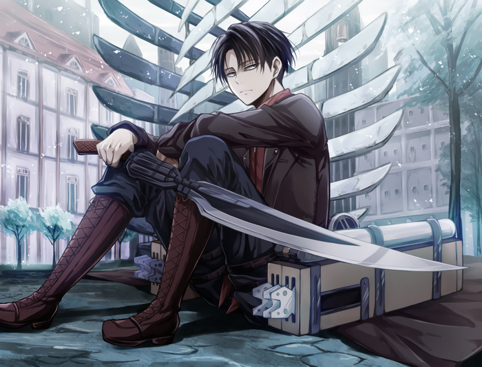 Levi Ackerman Sitting Outdoors with Sword