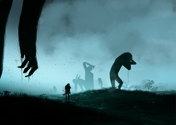 Giants and a lone figure in a misty landscape