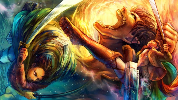 Levi Ackerman from Attack on Titan fighting a Titan