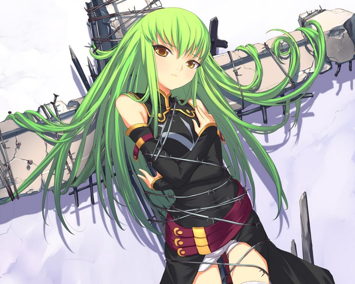 C.C. from Code Geass entangled in barbed wire