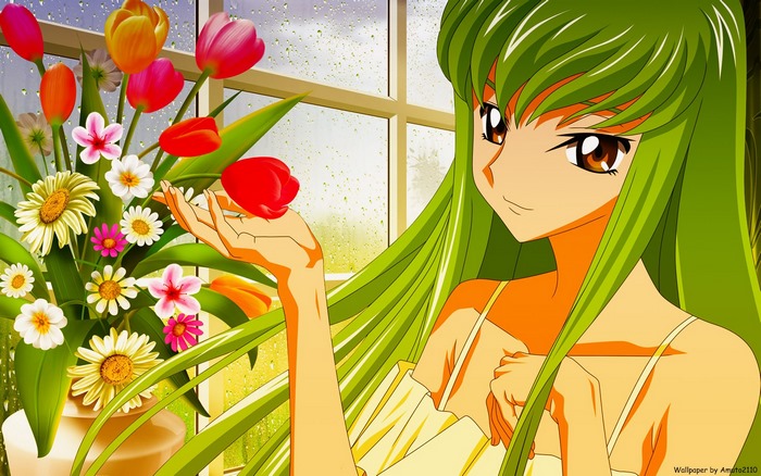 C.C. from Code Geass holding a tulip