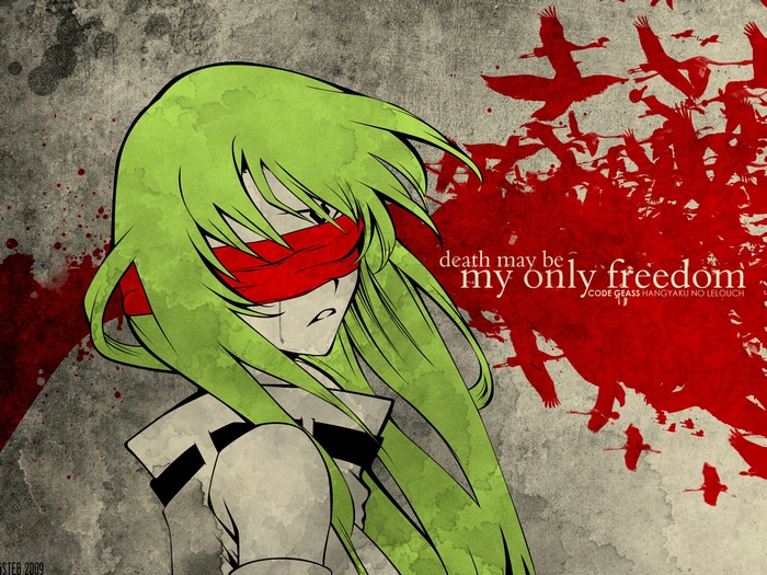 C.C. from Code Geass with red blindfold
