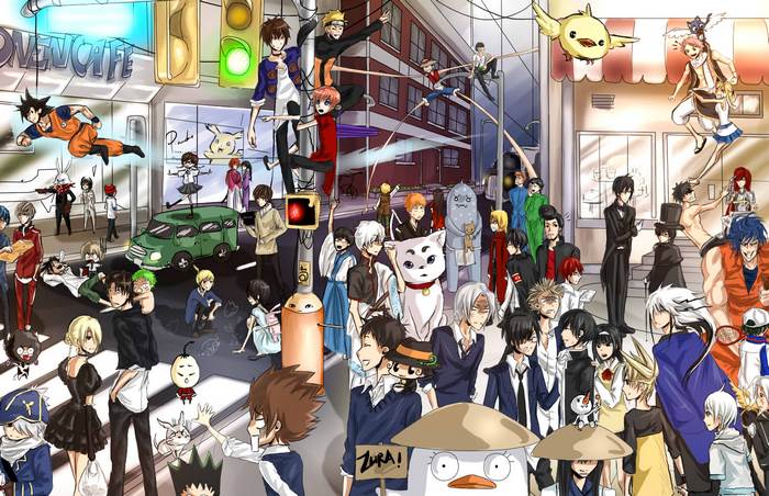 Anime characters in a city street