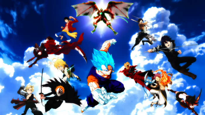 Anime characters fighting in the sky
