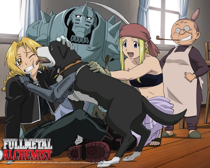 Fullmetal Alchemist characters with a dog