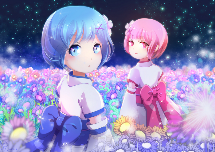 Rem and Ram from Re:Zero in a flower field