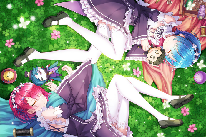 Ram and Rem from Re:Zero lying on grass