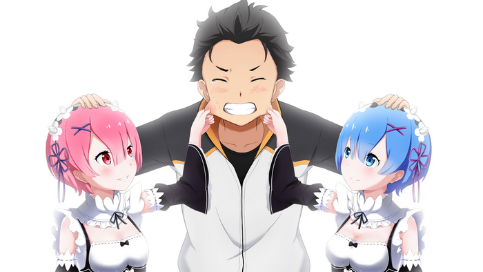 Ram and Rem from Re:Zero pinching Subaru's cheeks