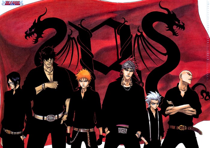 Bleach characters in front of a red banner with dragons