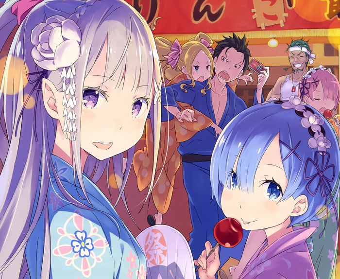 Emilia, Rem, Subaru, Beatrice, Ram, and Otto from Re:Zero