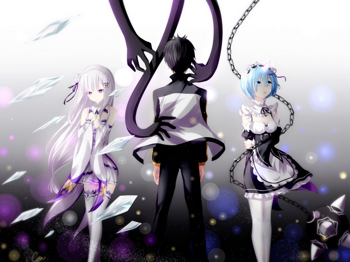 Emilia and Rem from Re:Zero with Subaru Natsuki