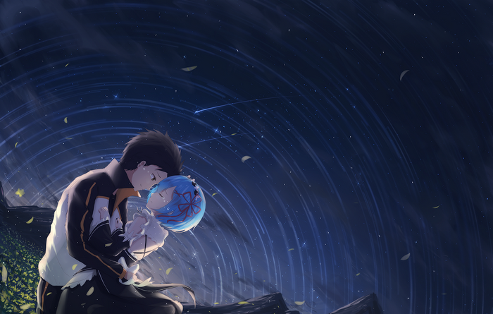 Subaru Natsuki and Rem embracing under a starry sky