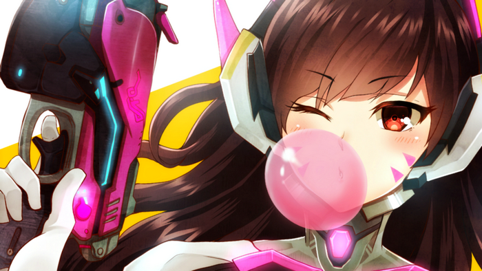 D.Va from Overwatch blowing bubblegum