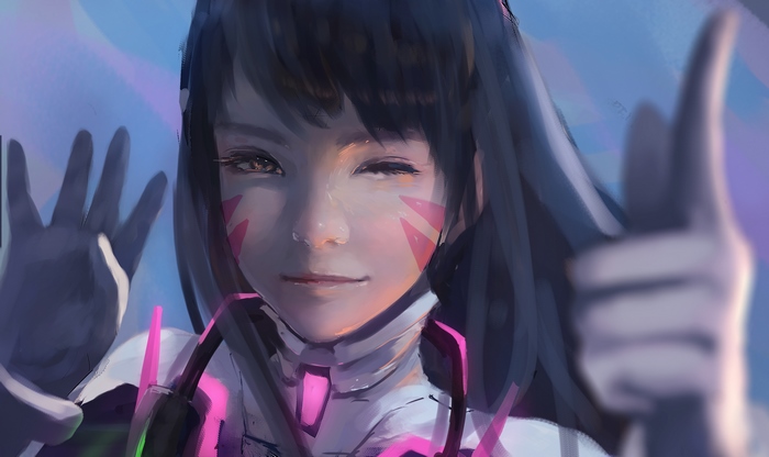 D.Va from Overwatch winking and giving thumbs up