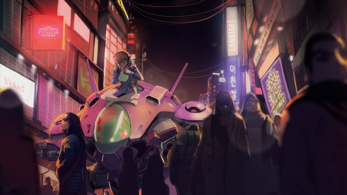D.Va from Overwatch in a neon-lit city street